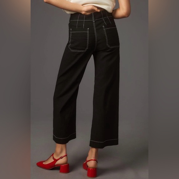 Maeve Anthropologie The Colette Black Contrast Stitch Wide Leg Cropped Pants 26 - Picture 2 of 10